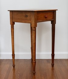 Canadian Early Pine Side Table With One Drawer And Long Lean Turned Tapered Legs