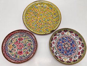 3 Antique Chinese Enameled Brass Plates