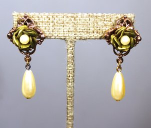 Fine Pair Costume Pierced Earrings Having Pearl Drops