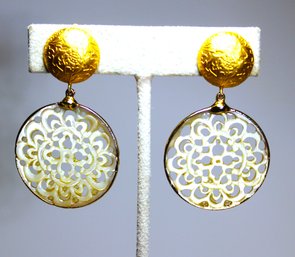 Fine Gilt Sterling Silver Clip Earrings Having Intricately Carved Mother Of Pearl