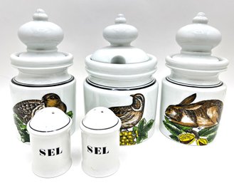 Set 3 Porcelaine D'Auteuil French Canisters & 2 Porcelaine D'Auteil Salt Shakers