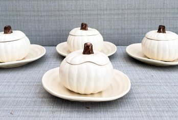 A Set Of Four Lidded Ceramic Soup Bowls With Under-plates, 'pumpkin' By Barbara Eigon For Pottery Barn