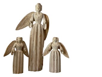 Trio Of Hand Carved, Whitewashed Guatemalan Angels