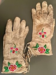 Antique Buckskin Leather Floral Beaded Display Gauntlet Gloves Pair - Native American - Victorian - Custom