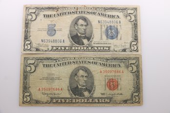 2 Old $5 Bill Notes One Silver Certificate 1934 1963