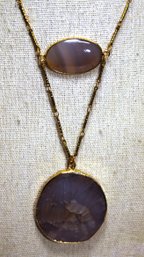 Gold Tone Designer Signed Serefina Elongated Necklace W Large Polished Hard Stone