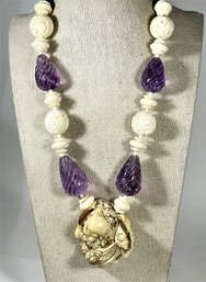 Outrageous Signed Japanese Netsuke Bone Carved Amethyst Necklace BEST