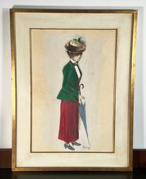 Vintage Framed Fashion Watercolor Woman With Umbrella - Signed & Dated