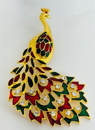 LARGE GOLD TONE ENAMEL RHINESTONE PEACOCK BROOCH