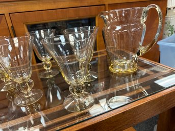 Set Of 6 Amber Water Glasses And Pitcher