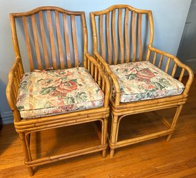 Pair 2 Vintage Bamboo Chairs With Rattan Seats With Cushions