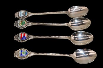 4 Vintage Germany 925 Sterling Silver Spoon's With Enamel New York & Puerto Rico - 31 Grams