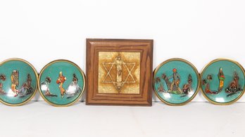 LOT OF VINTAGE DECORATIVE ITEMS FROM ISREAL INC 4 ENAMEL ON COPPER DECORATIVE PLATES & A SIGNED STAR OF DAVID