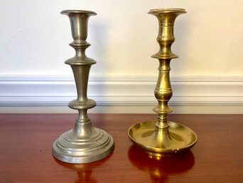 Vintage Brass Candlestick & Pewter Candlestick Holders