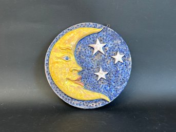 A Smiling Moon Wall Plaque In Painted Terracotta