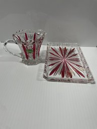 Vintage Lead Crystal Ruby Flashed Pitcher And Tray