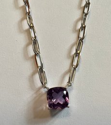 RHODIUM OVER STERLING SILVER CUSHION CUT AMETHYST NECKLACE