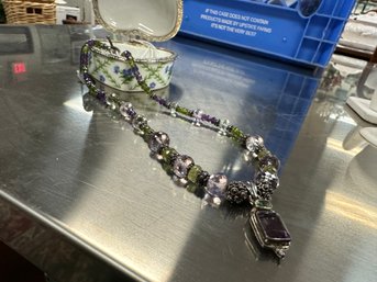 Amethyst Beaded Necklace With Heart Shaped Enamel Box