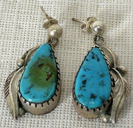 Vintage Signed Navajo Sterling Silver And Turquoise Earrings