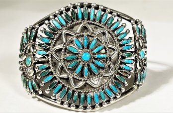 Fine Sterling Silver Native American Zuni Turquoise Stone Wide Cuff Bracelet