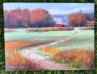 Fall Barn Scene  Painting ~ Signed Claude Roy ~ Oil On Canvas