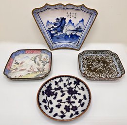 4 Antique Chinese Enameled Bronze Small Plates