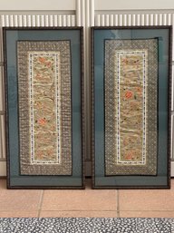 Antique Framed Chinese Hand Embroidered Silk Panels- Set Of 2