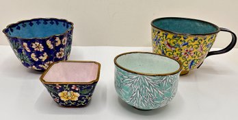4 Antique Chinese Enameled Bronze Small Cups & Bowls