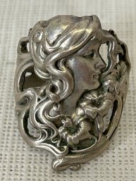 Fine Art Nouveau Inspired Vintage Sterling Silver Ring- Figural Maiden In Profile