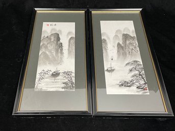 Pair Of Framed Asian Brush Painting Prints