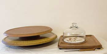 Vintage Goodwood Teak Cheese Set W Attached Knife And Dome Glass Lid & Two Lazy Susans