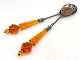 An Amber Glass And Silver Plate Salad Serving Set
