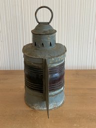 Antique Wilcox Crittenden & Co. Galvanized Nautical Lantern Ships Boat Lamp W/ Red Ribbed Shade