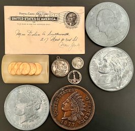 Vintage Real & Replica US Money & Paperweights - 1969 Pennies - Buffalo Nickel - Kennedy Pope Medallion