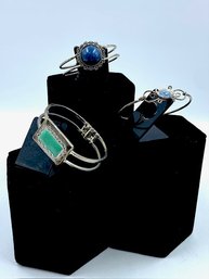 Trio Of Vintage Hinged Cuff Bracelets Including Natural Stone & Abalone