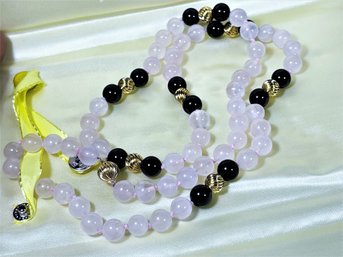 Fine Asian Pink Rose Quartz And 14K Gold Beaded Necklace In Satin Case