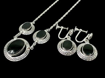 AM Lee Sterling Silver & Onyx Necklace & Earring Set