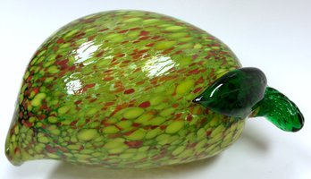 FIGURAL ART GLASS LIME: Vintage Hand Blown, Mottled Green Citrus Fruit With Applied Leaves & Stem
