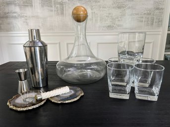 Large Decanter And Bar Accessories - Glasses, Opener, Shaker