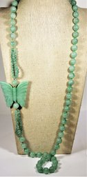 Elongated Jadeite Jade Beaded Necklace Having Butterfly Side Pendant