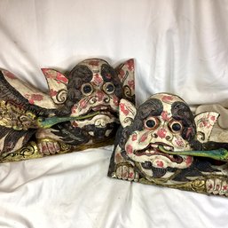 RARE Set Of Two Barong Cat Wood Sculptures With Antique Finish, Balinese Wooden Carving