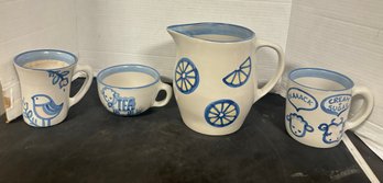 M.A Hadley Beautiful Stoneware White & Blue Pitcher, Tea Cup, Cream  Sugar & Mug. SAK / E3