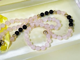 Fine Man Yue Hong Kong Rose Quartz Beaded Necklace Having 14K Gold Beads