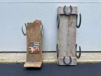 Two Vintage Kentucky Barn Wood & Churchill Downs Horseshoe Bottle Racks