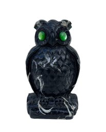 Vintage Black Carved Owl With Green Eyes