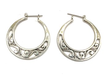 Vintage Sterling Silver Large Ornate Hoop Earrings