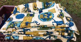 1940s - 1950s Blue & Gold Traditional Americana Designer Fabric Curtains - Set Of 4