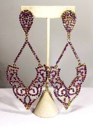 Pair Large Contemporary Pink/purple Rhinestone Pierced Evening Wear Runway Earrings