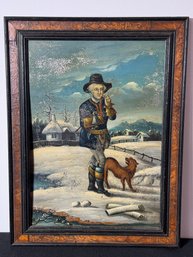 EARLY PAINTING ON TIN OF BOY W/ DOG