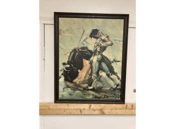 Vintage Textured Bull Fighting Print On Canvas ,framed
